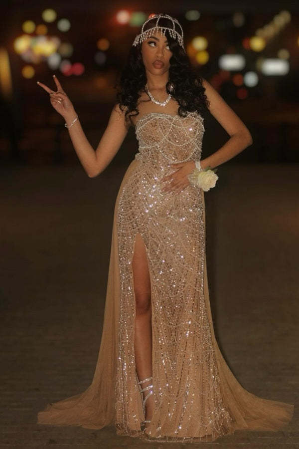 Luxury Strapless Beadings Side Split Evening Dress with Pearls