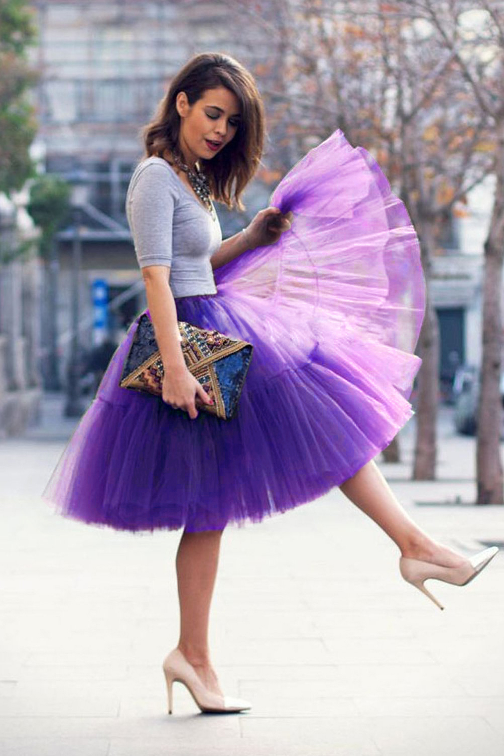  Puffy Knee-length Carnival Petticoat in Burgundy, White, Yellow, Gray, Pink, Mint Green