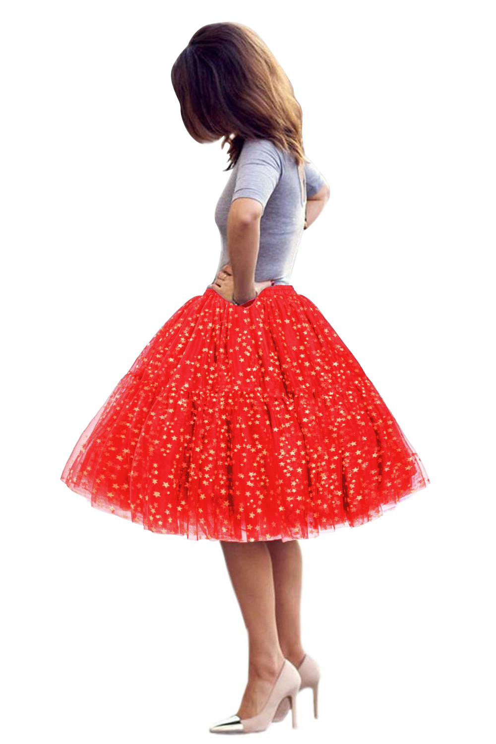  Puffy Knee-length Carnival Petticoat in Burgundy, White, Yellow, Gray, Pink, Mint Green