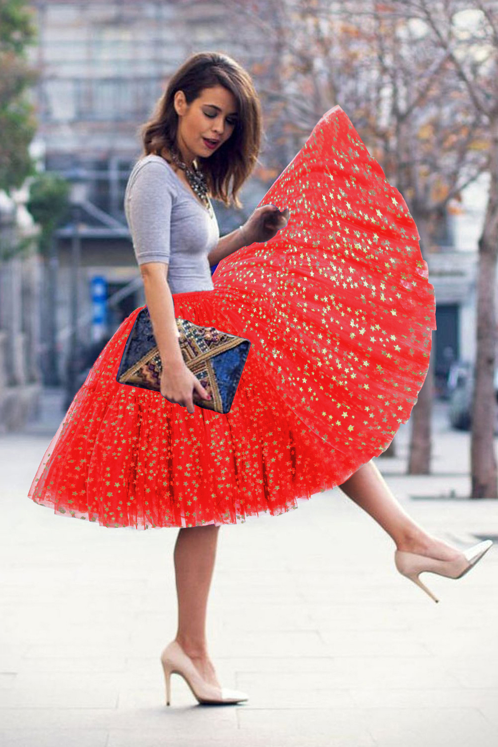  Puffy Knee-length Carnival Petticoat in Burgundy, White, Yellow, Gray, Pink, Mint Green