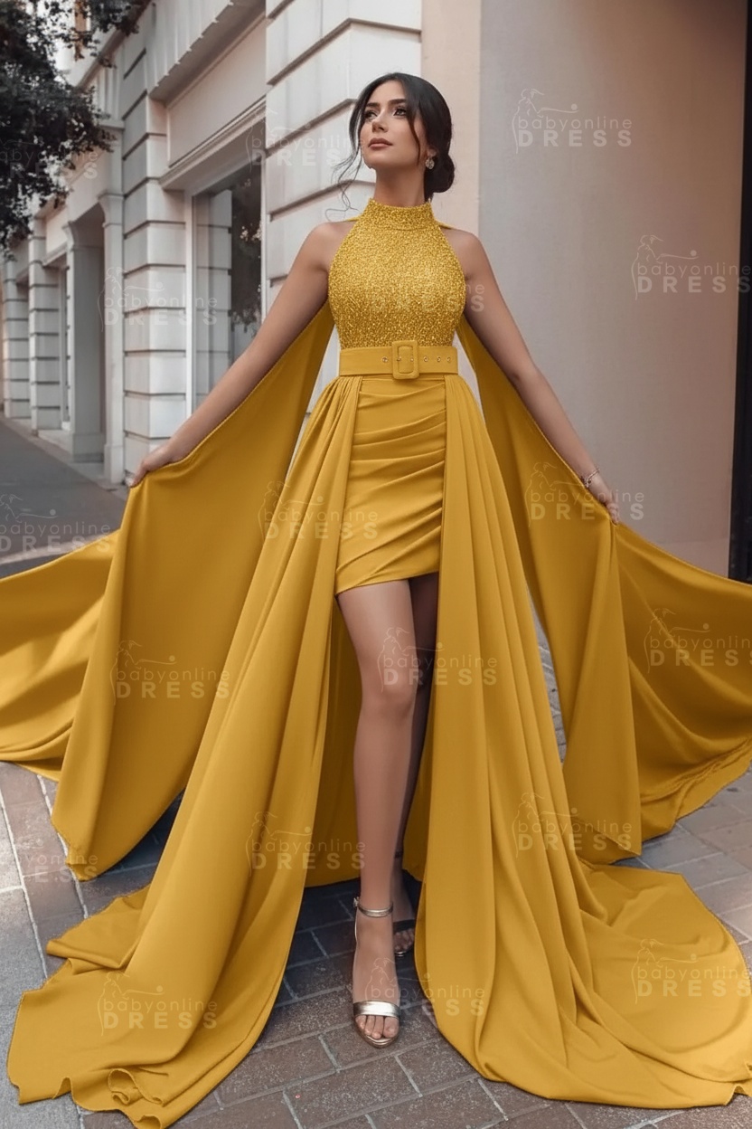 Halter Royal Blue Evening Party Dress Cape with Sweep Train