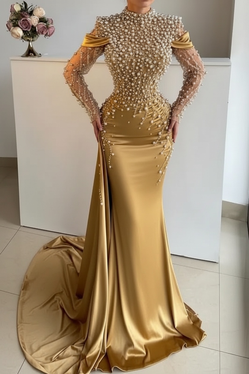 gold long sleeve mermaid prom dresses High Neck Satin with Sleeves-Babyonlinewholesale rose gold prom dresses