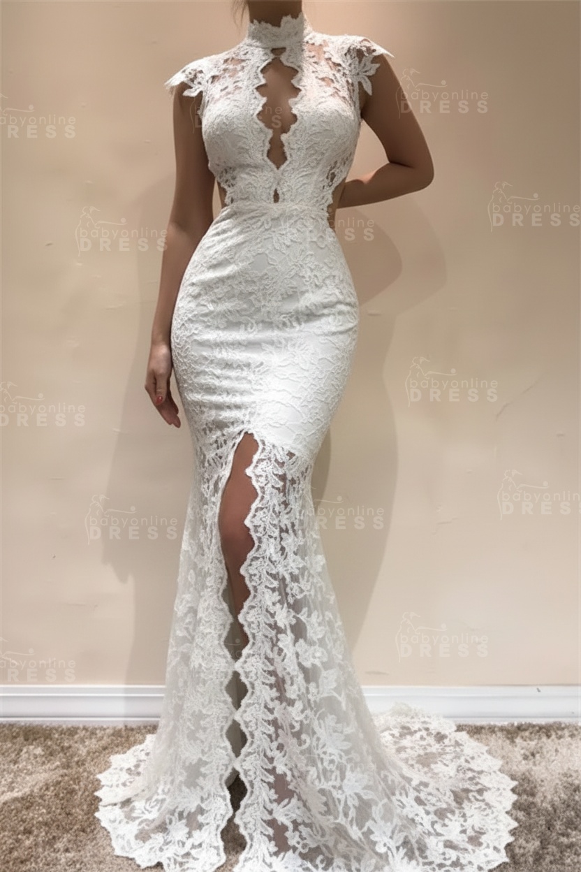 Sleeveless Front Split Evening Dresses | Black High Neck Lace Sexy Prom Dresses