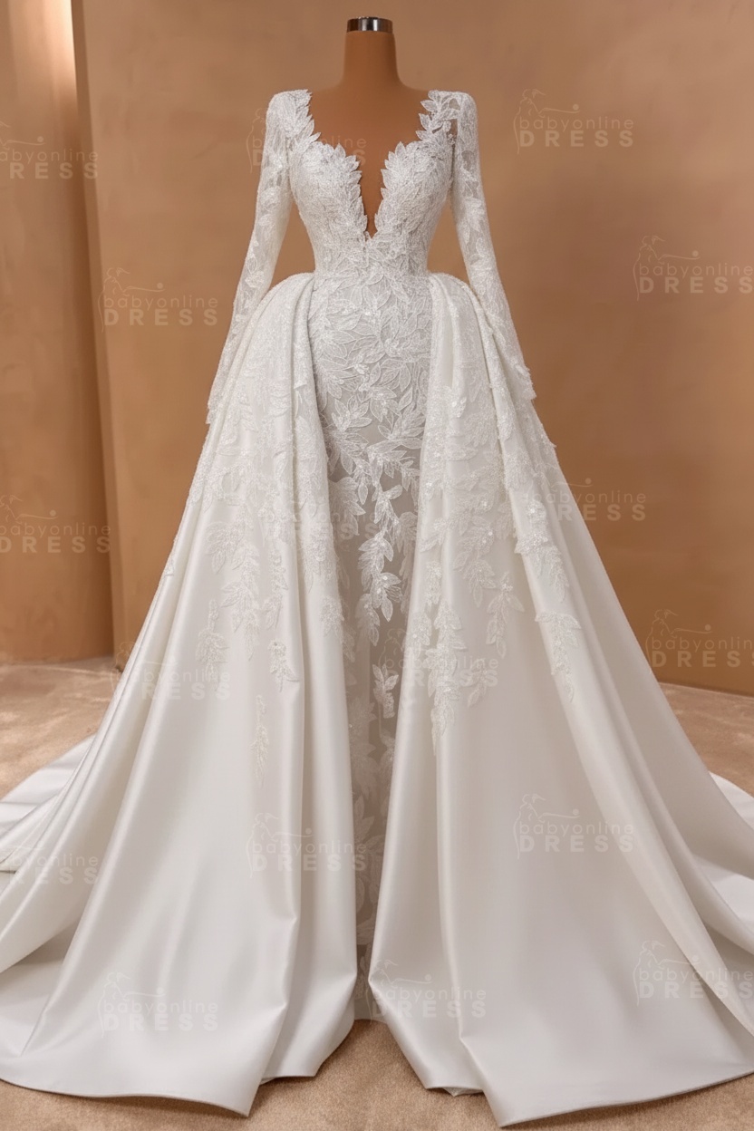 Gorgeous V-neck Trumpet Bridal Gown with Detachable Sweep Train Long Sleeves Floral Wedding Dress
