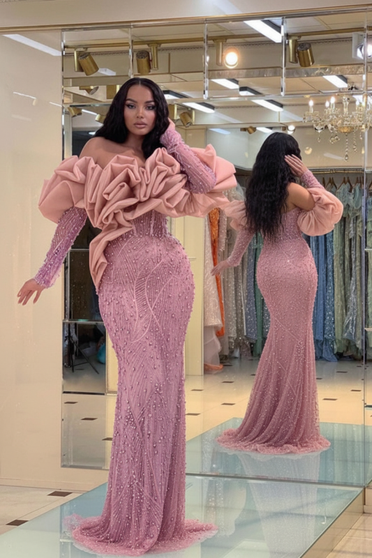 Blush Pink Bubble Sleeves Long Strapless Prom Dress with Sequins and Beadings