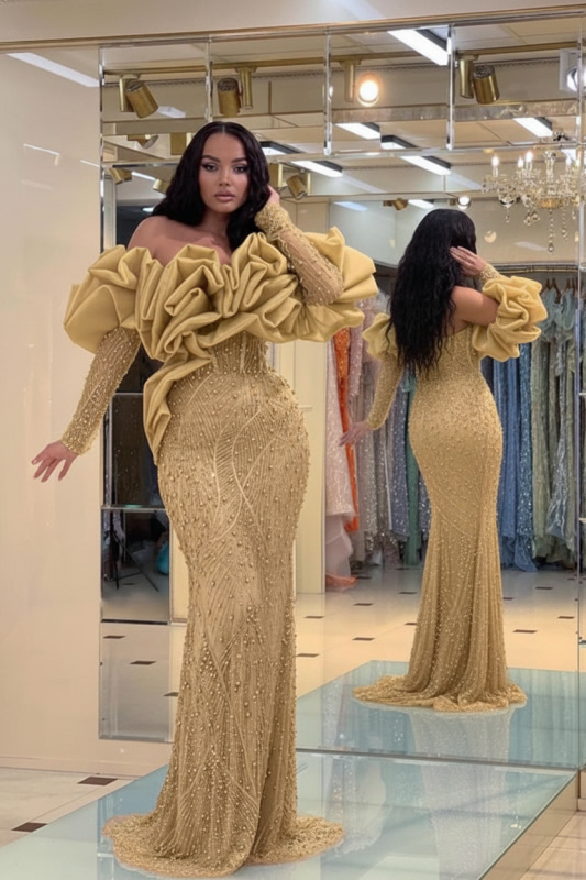 Champagne Gold Bubble Sleeves Long Strapless Prom Dress with Sequins and Beadings