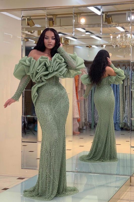 Sage Green Bubble Sleeves Long Strapless Prom Dress with Sequins and Beadings