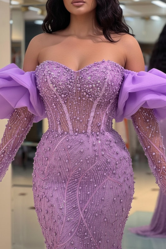 Purple Bubble Sleeves Long Strapless Prom Dress with Sequins and Beadings
