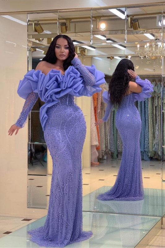 Periwinkle Blue Bubble Sleeves Long Strapless Prom Dress with Sequins and Beadings