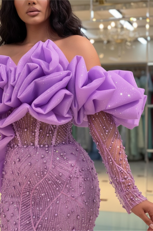 Purple Bubble Sleeves Long Strapless Prom Dress with Sequins and Beadings