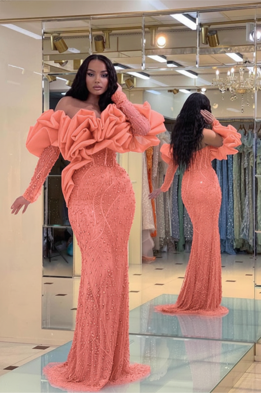 Coral Pink Bubble Sleeves Long Strapless Prom Dress with Sequins and Beadings