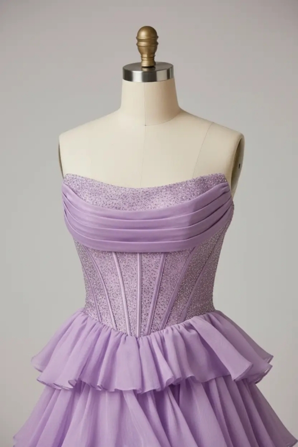 Strapless Purple Corset Aline Evening Dress Sleeveless Side Split Prom Dress with Sequins