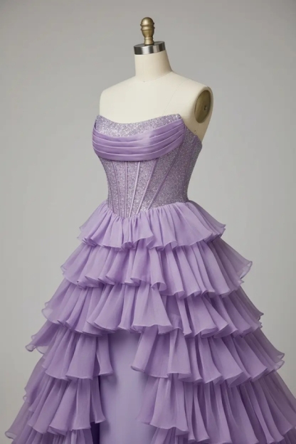 Strapless Purple Corset Aline Evening Dress Sleeveless Side Split Prom Dress with Sequins