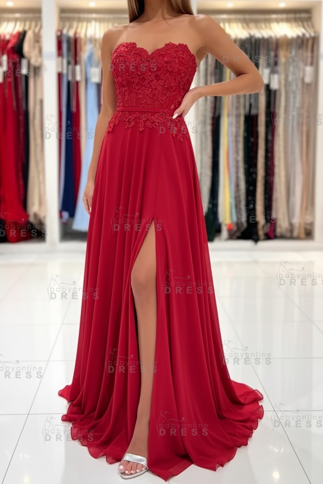 Sweetheart Strapless A-Line Chiffon Floor Length High Split Prom Dress