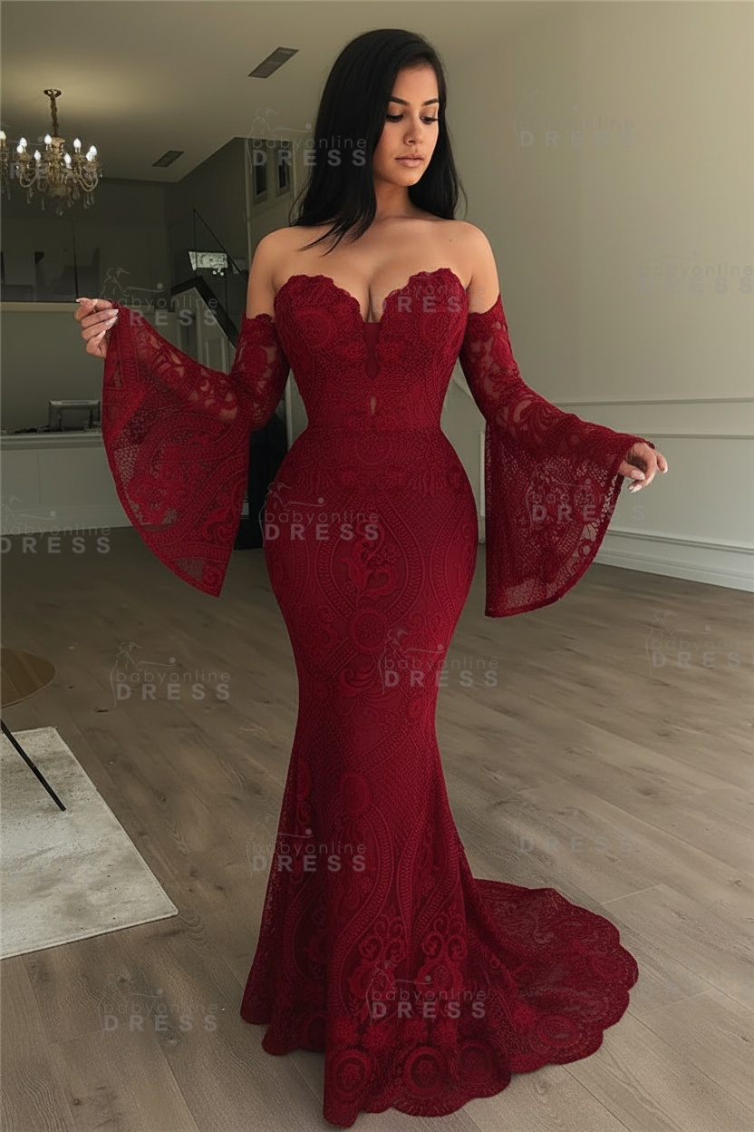 Off-the-Shoulder Long Sleeves Lace Floor-Length Mermaid Evening Dress