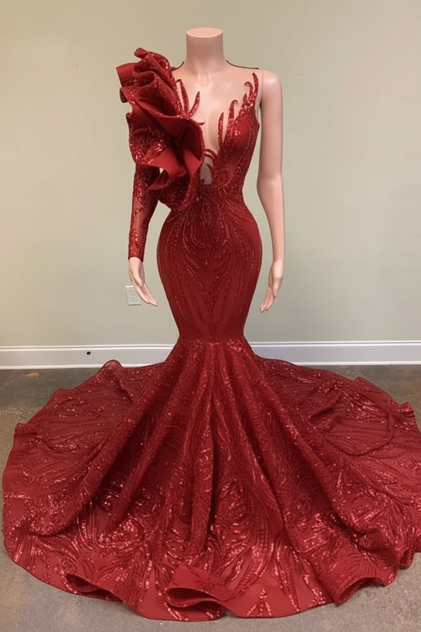 Chic Black Long Sleeve Asymmetrical Floor Length Mermaid Prom Dress