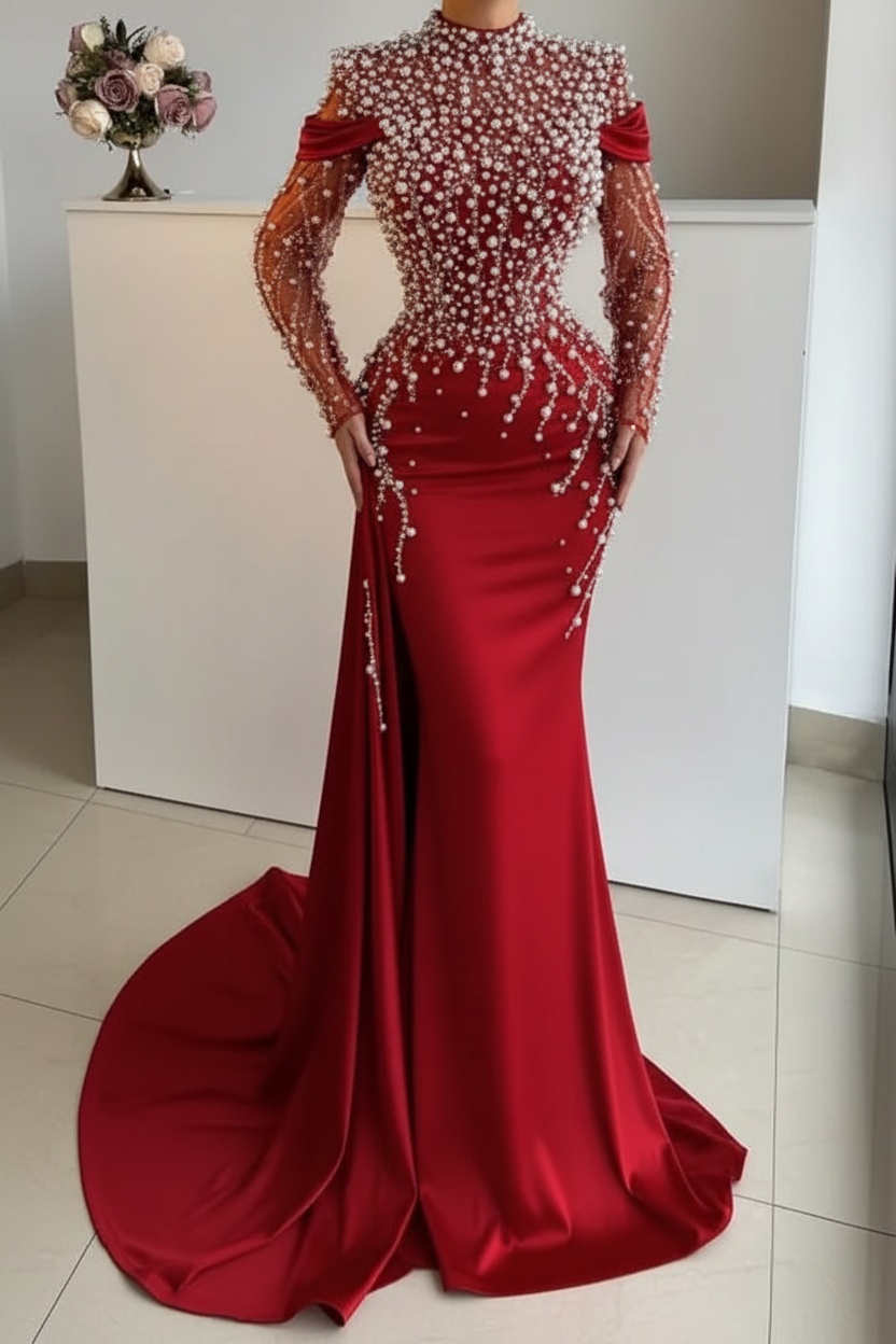Unique High Neck Beading Long Sleeve Mermaid Prom Dresses