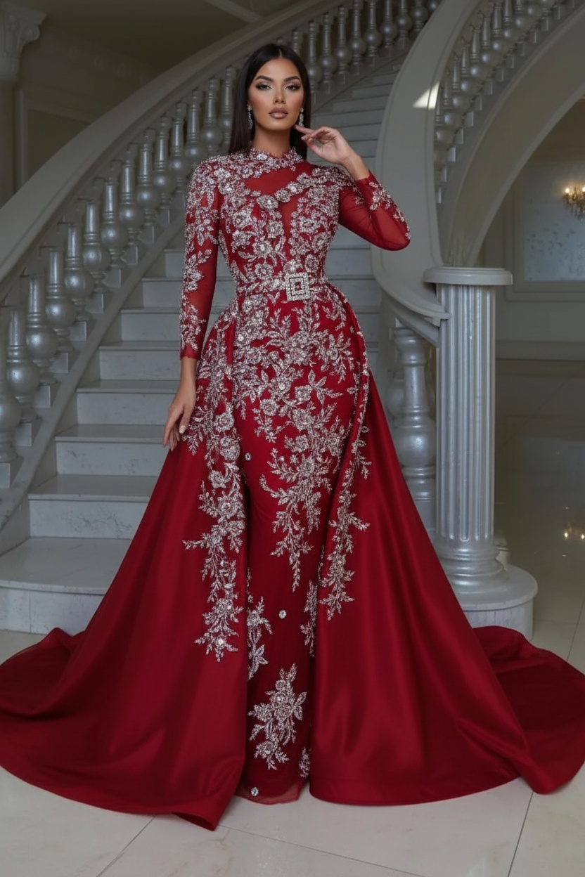 Blushing pink Long sleeves Overskirt Lace Prom Dresses