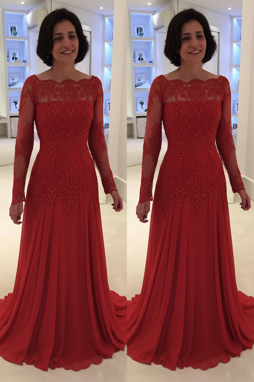 Elegant Floor-Length Lace Long-Sleeves A-line Mother of the Bride Dress 
