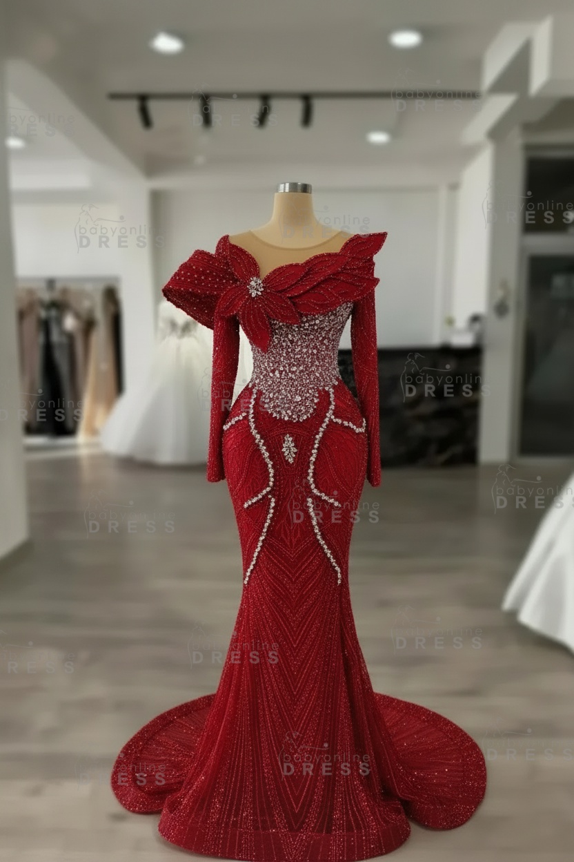 Luxury Crystals Long Sleeves Floor-Length Mermaid Prom Dress with Flowers 