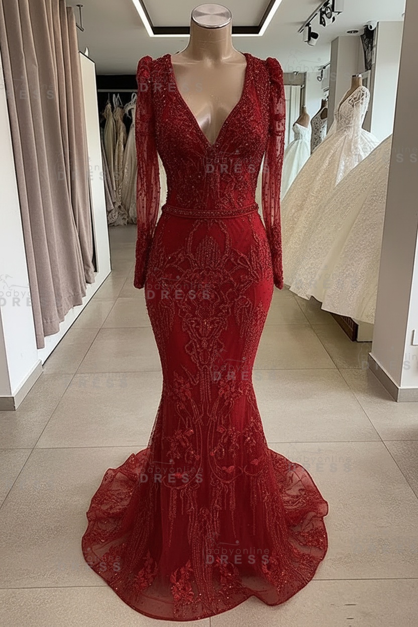 Gorgeous Mermaid Lace Beading V Neck Long Sleeves Prom Dresses | Evening Gowns With Beading Waistband