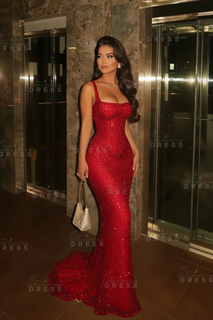 Glitter Spaghetti Straps Sequins Mermaid Prom Dress Floor Length