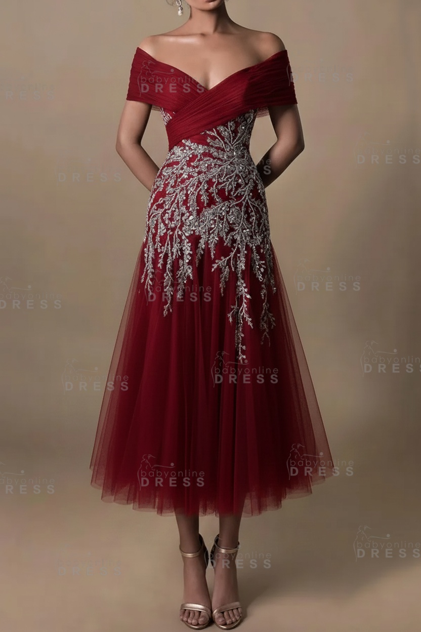 Champagne V-Neck A-Line Tea Length Prom Dress Tulle Mother of the Bride Dress