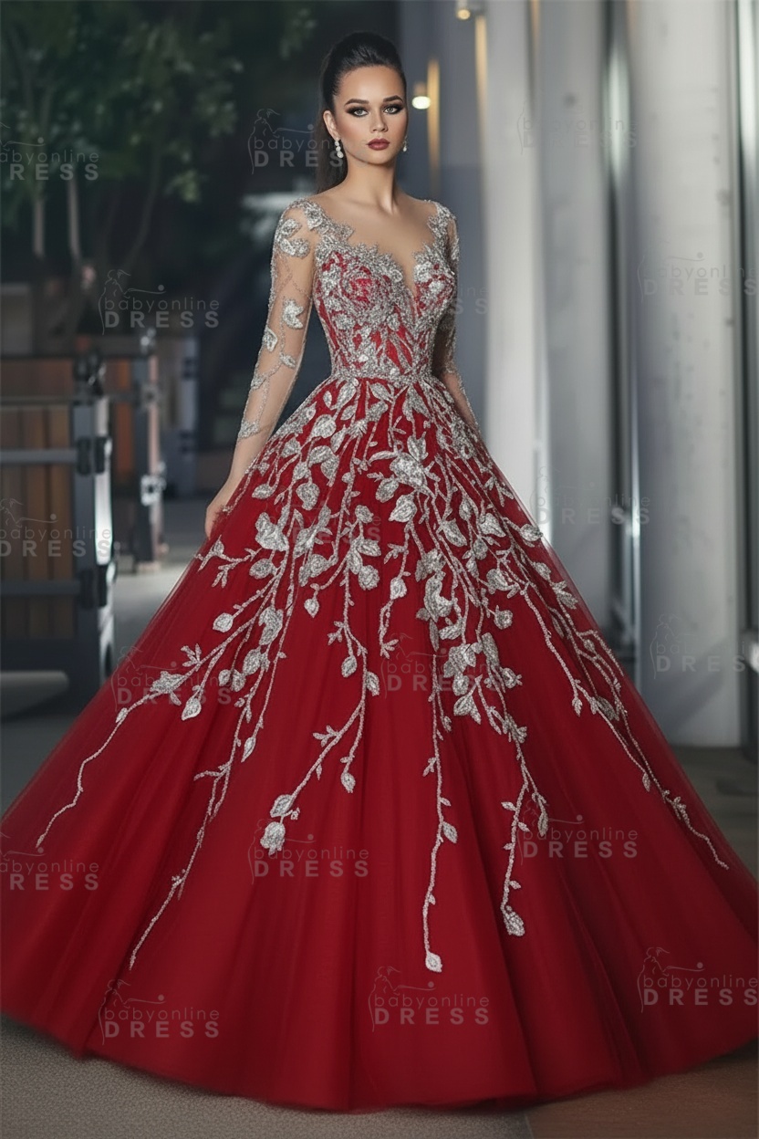 Stunning Illusion Long Sleeve Sexy Evening Gowns | A-line Lace Appliques Tulle Prom Dress