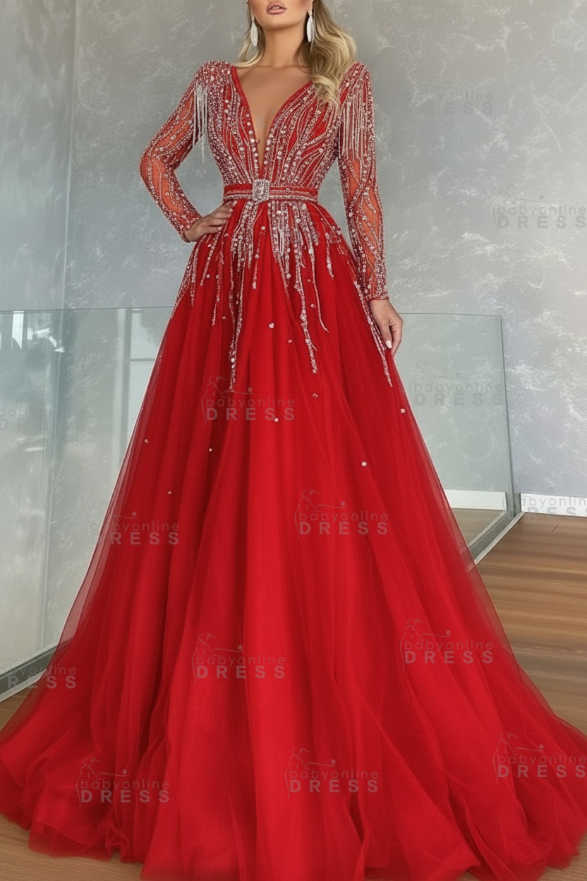 Long Sleeves V-neck Ball Gown A-line Prom Dress with Beadings