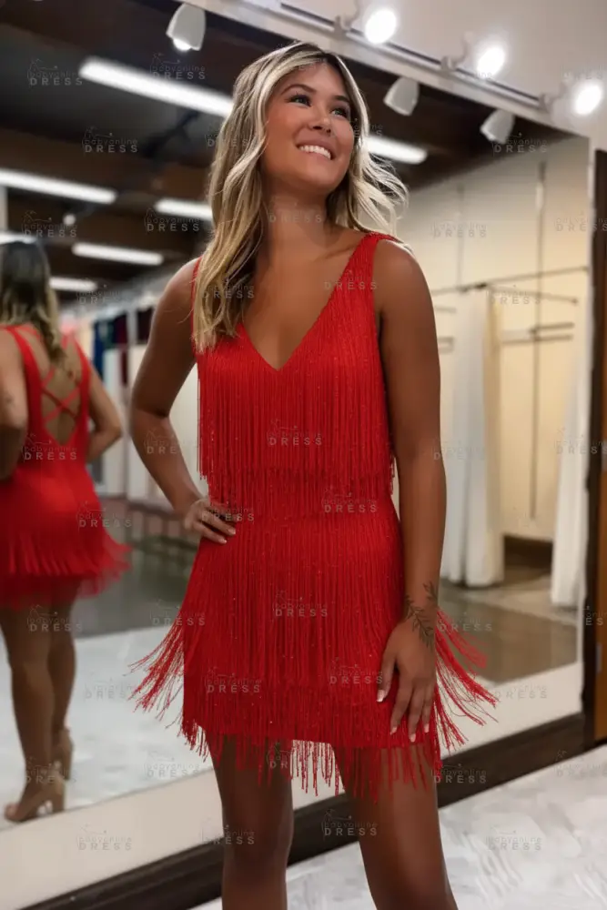 White V-Neck Backless Short Homecoming Dress with Tassels