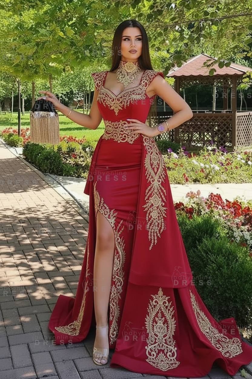 Dark Green Velvet Mermaid Evening Dress with Gold Lace appliques