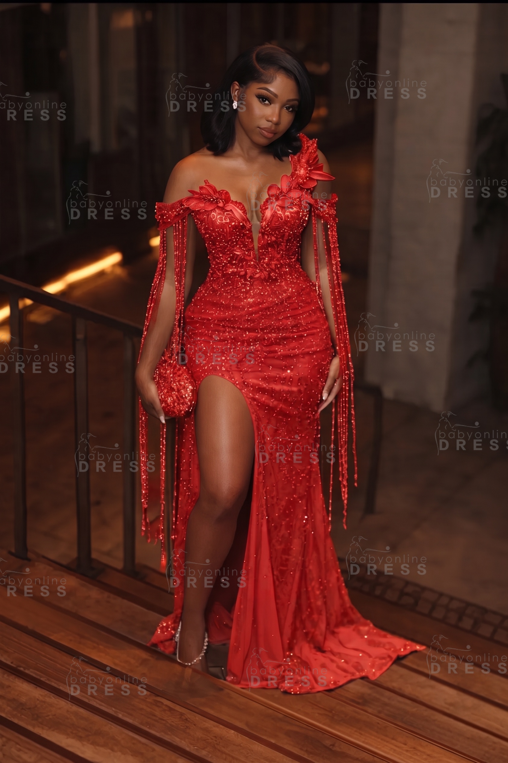 Stunning Asymmetric  Sequins Prom DressMermaid Gold Evening Gown with Tassels