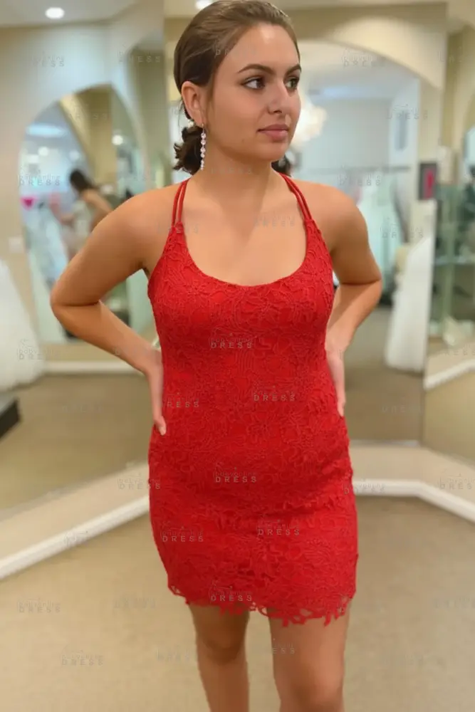 Spaghetti Straps Short Lace Homecoming Dresses 