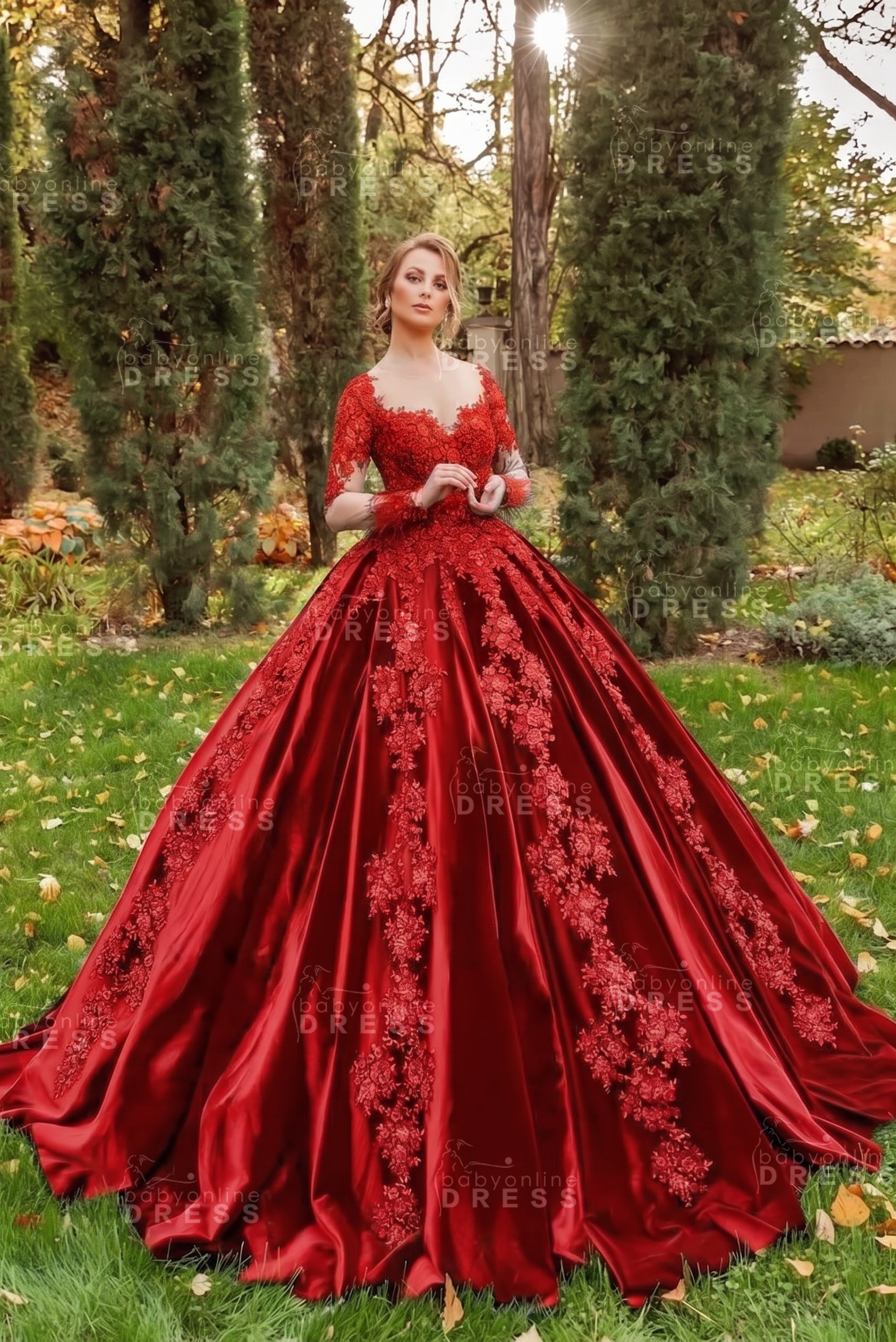 Gorgeous Long Sleeves Velvet Ball Gown with 3D Floral Appliques
