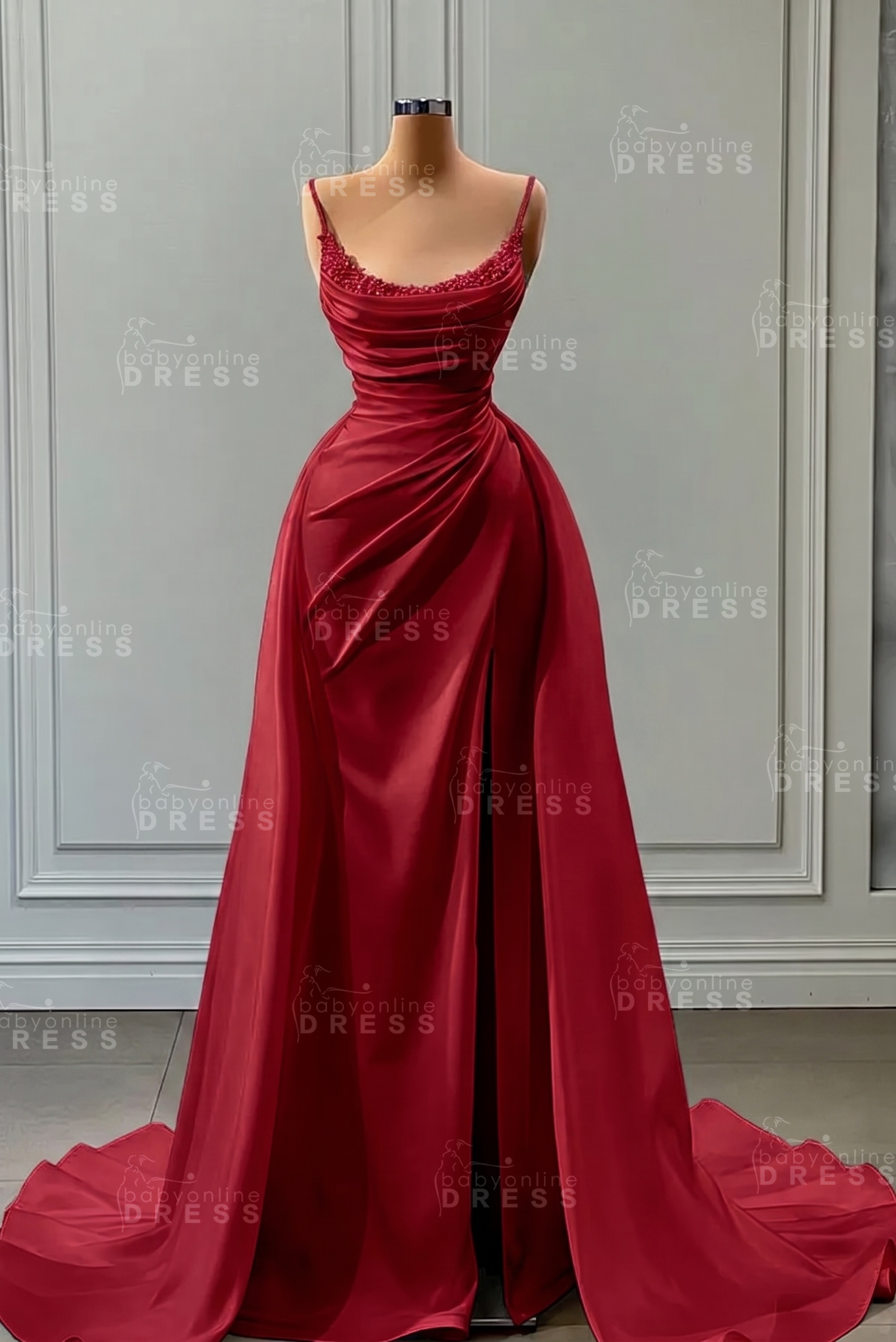 White Spaghetti Straps Satin Mermaid Prom Dress with High Split