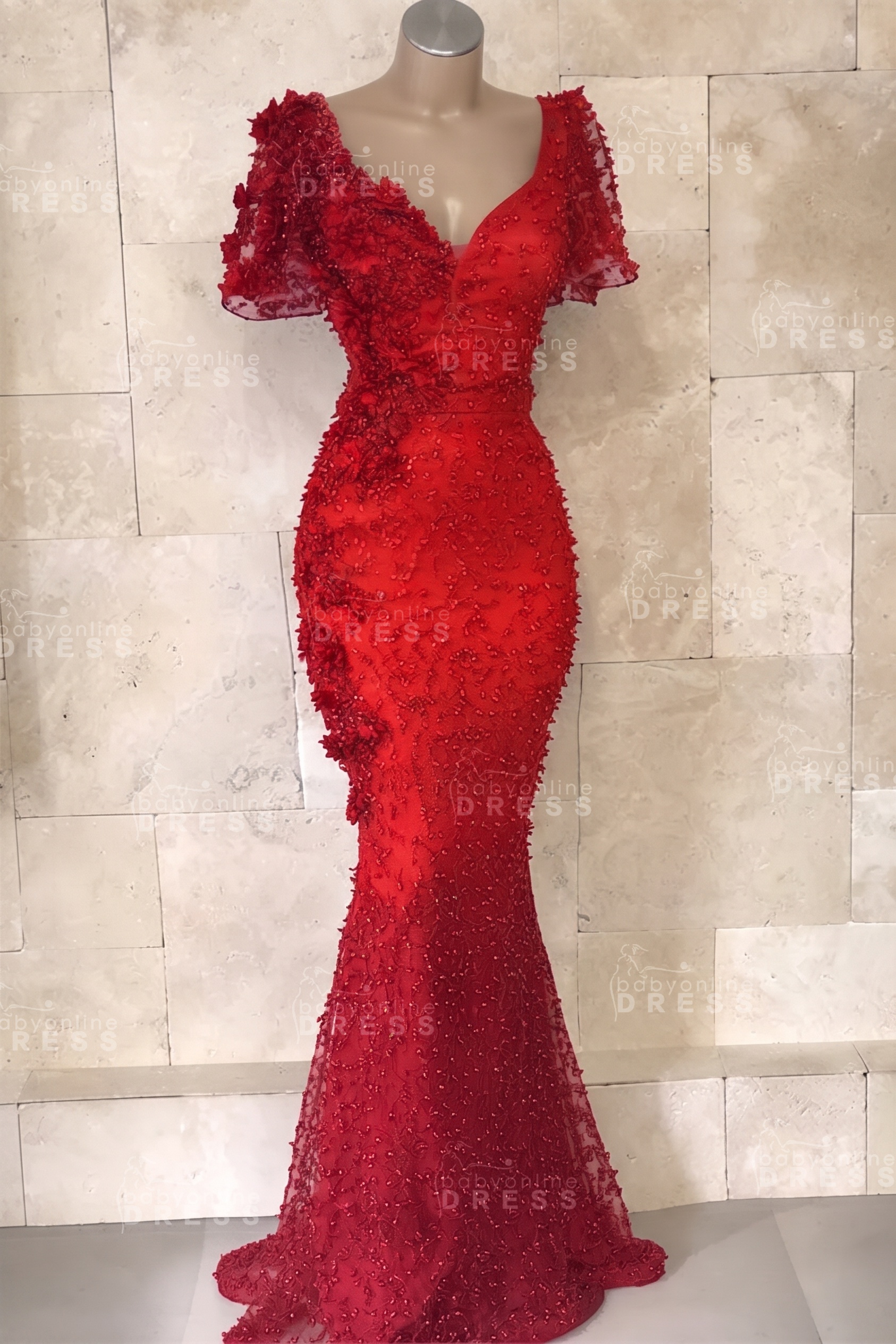 Glamorous V-Neck Short Sleeves Beading Flower Mermaid Floor-Length Prom Dresses
