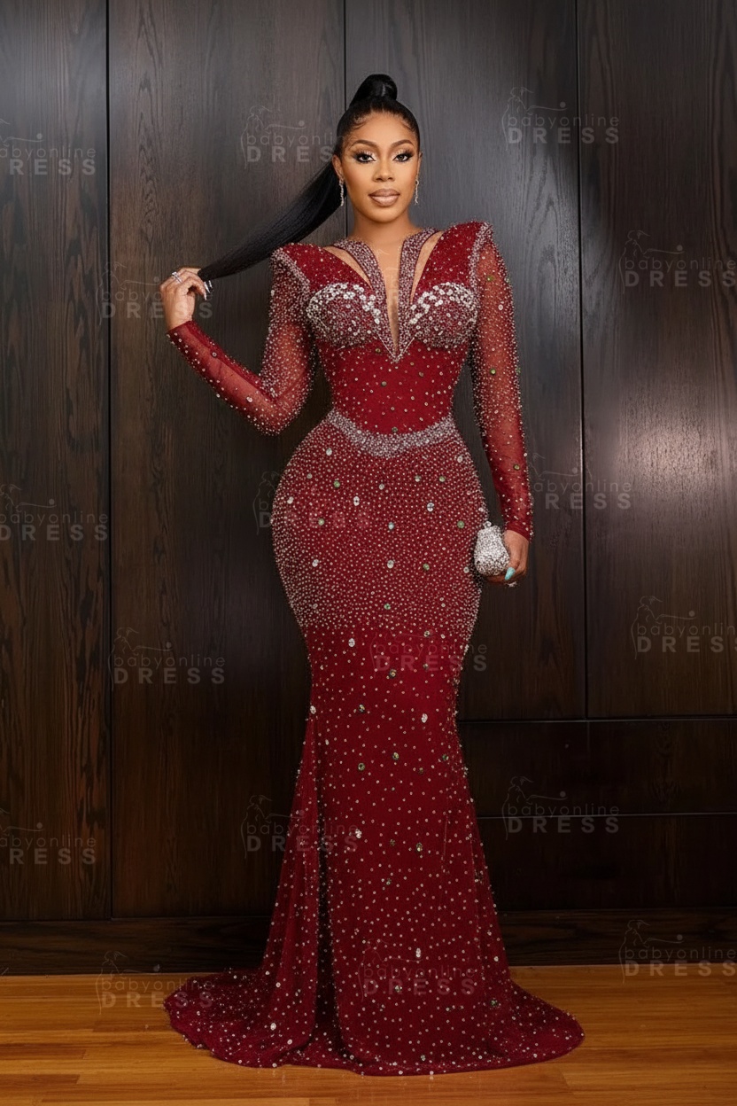 Green V-Neck Beadings Long Sleeves Floor-Length Mermaid Prom Dress