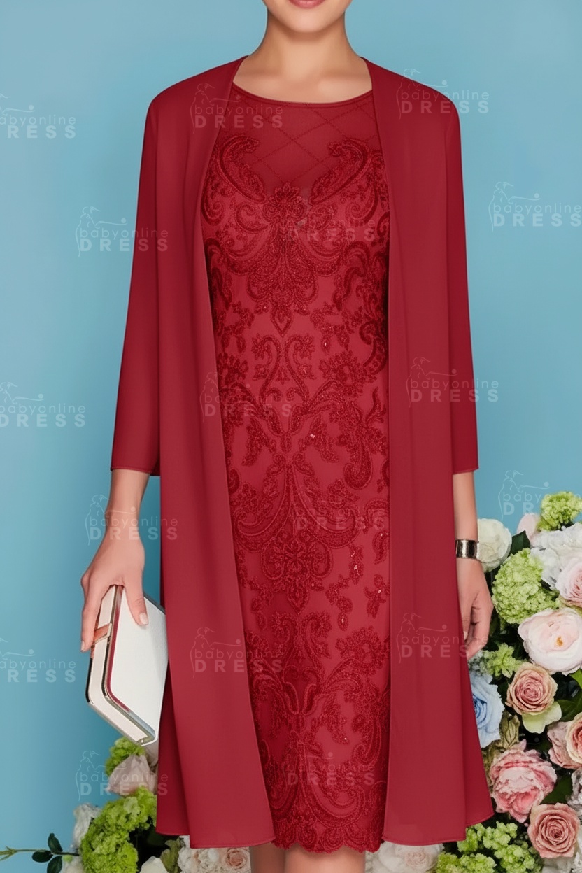 Scoop Neck Two Piece of Mermaid Slim Mother of the Bride Dress Chiffon 3/4 Sleeves Wedding Guest Outfits