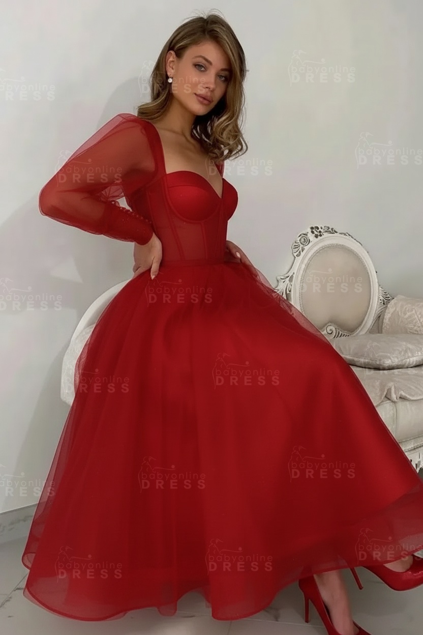 Long sleeves Pink See through Tulle Homecoming Dresses Aline