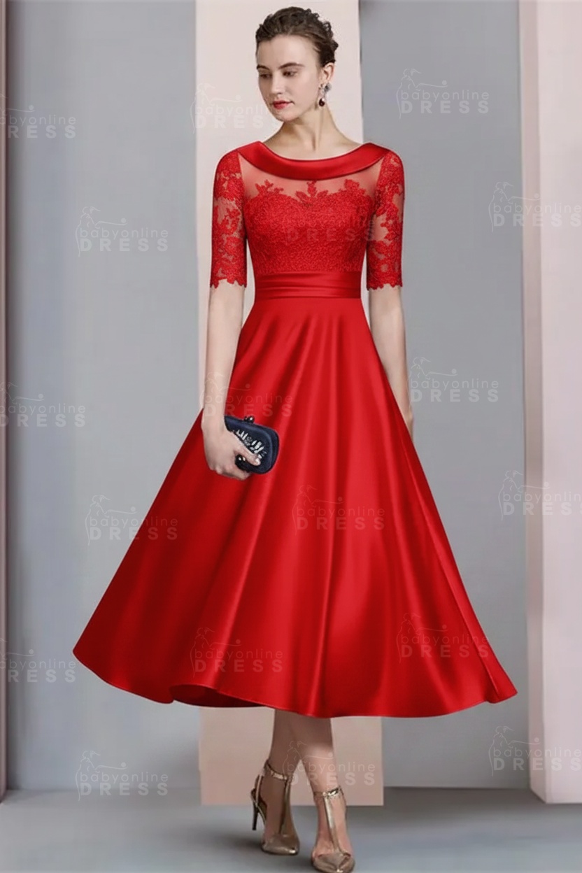 Elegant Ivory Jewel Lace Beading A-Line Tea Length Satin Wedding Guest Dress Formal Mother Dress