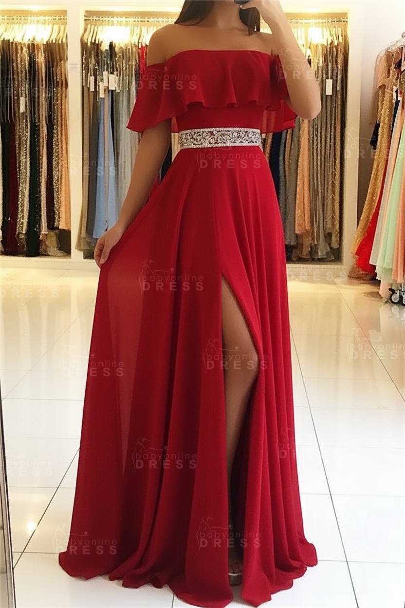 Sky Blue Off The Shoulder Evening Dresses Sexy | Chiffon Side Slit Prom Dress with Crystals Belt