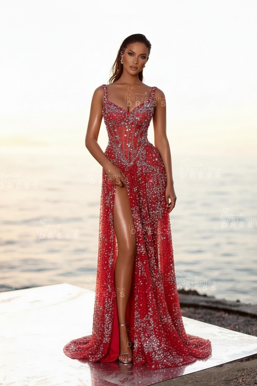 Sweetheart Silver Mermaid High Split Floor length Prom Dresses with Beadings