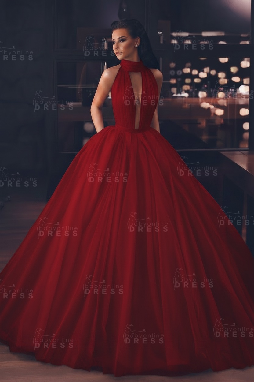 Sexy High-Neck Sleeveless Ball Gown Evening Dress with Pockets