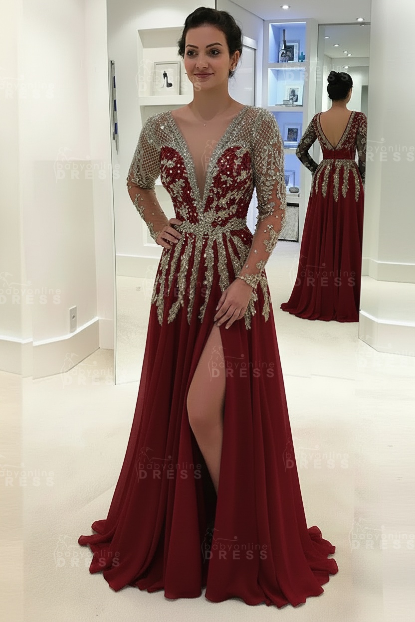 Glamorous V-Neck Long Sleeves Prom Dresses | A-line Crystal Side Slit Evening Gowns