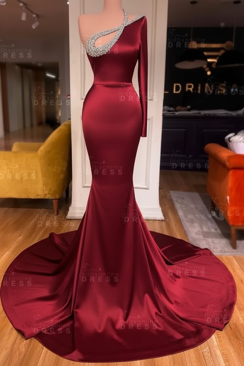 Long sleeves Beaded neckline Black Mermaid Prom Dresses