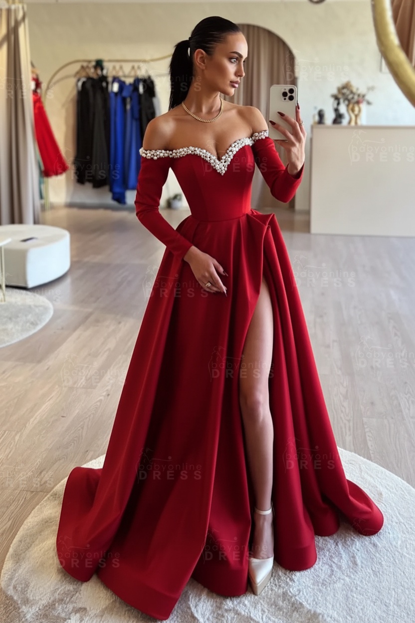 Long sleeves Pearls A-line Princess Front Split Black Prom Dresses