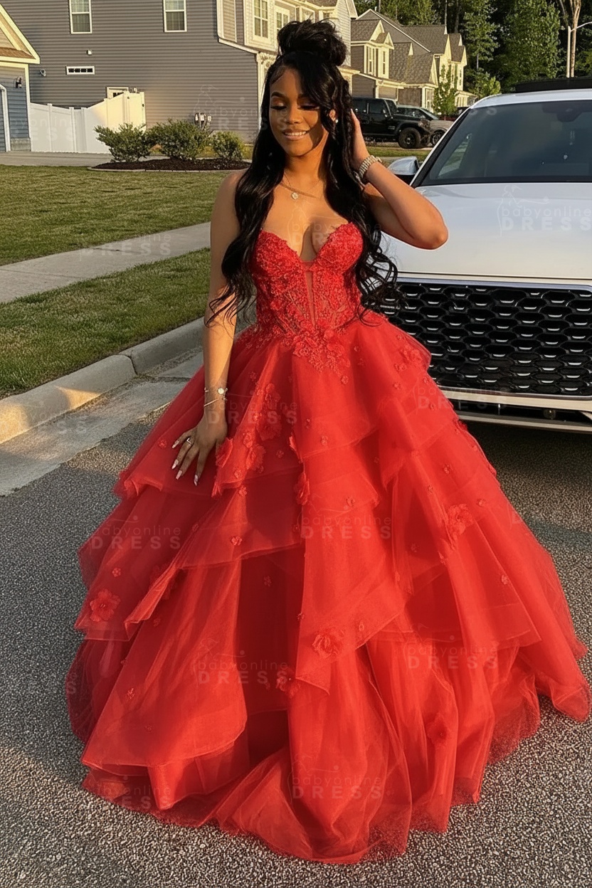 Sleeveless V-Neck Tulle Aline Prom Dress Floral Tiered Ruffles Corset Evening Dress