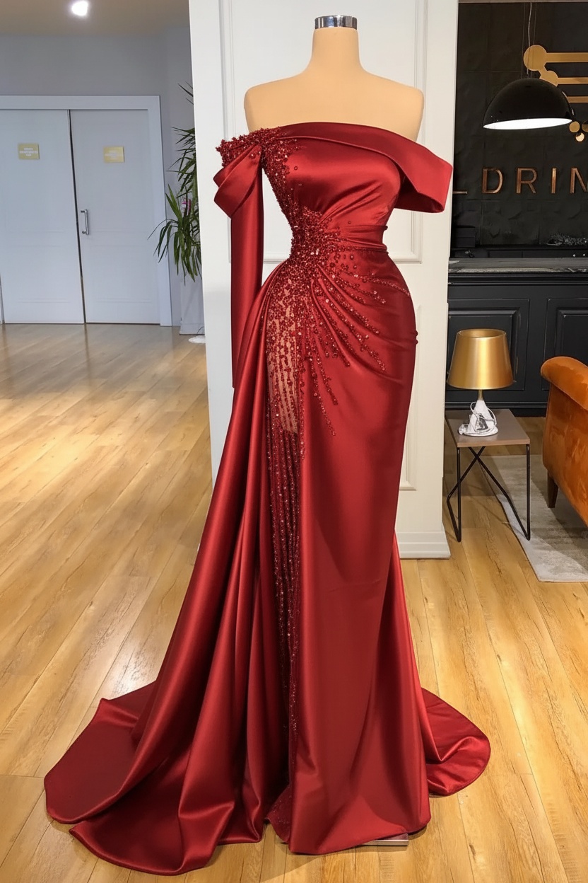 Off-the-Shoulder Satin Floor Length Prom Dress with Side Slit