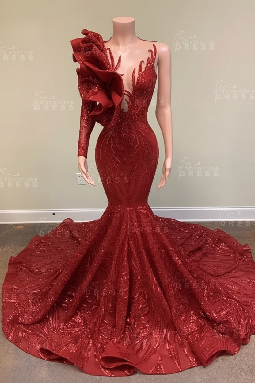Chic Black Long Sleeve Asymmetrical Floor Length Mermaid Prom Dress