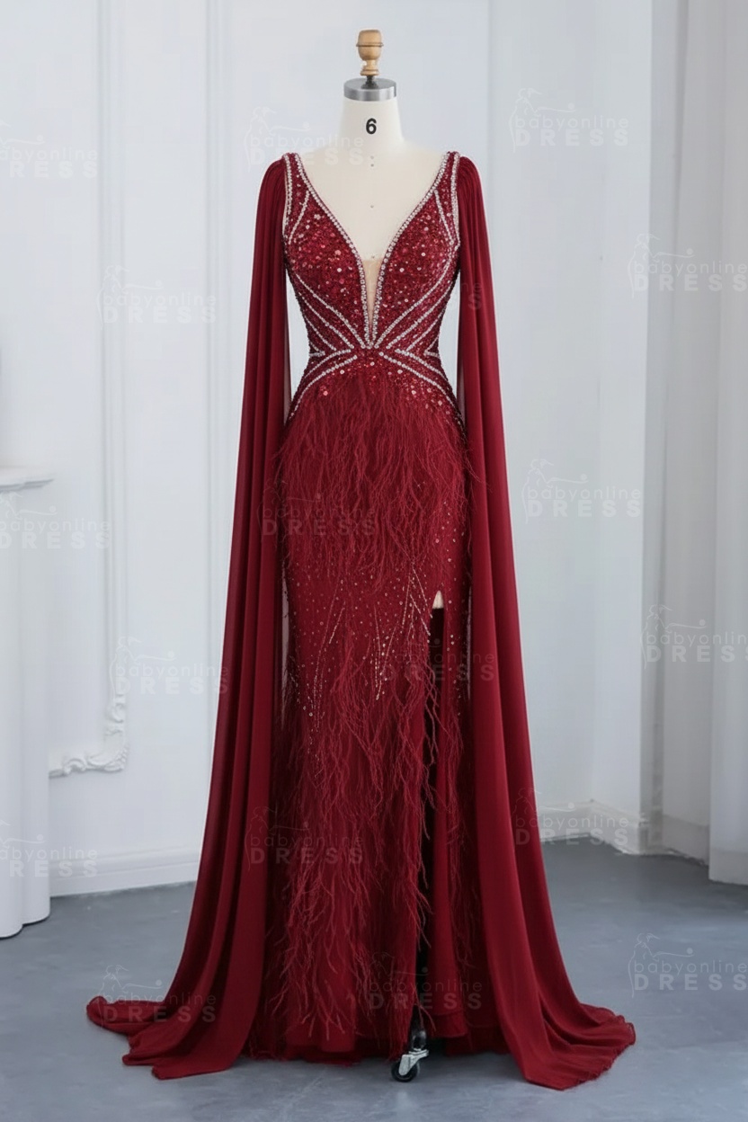 Glamorous V-Neck Fur Beadings Front Slit Mermaid Evening Gowns with Tulle with Cape Sleeves Wedding Party Dress